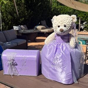 Quinceanera 15 Purple Teddy Bear with Dress and Gift Box